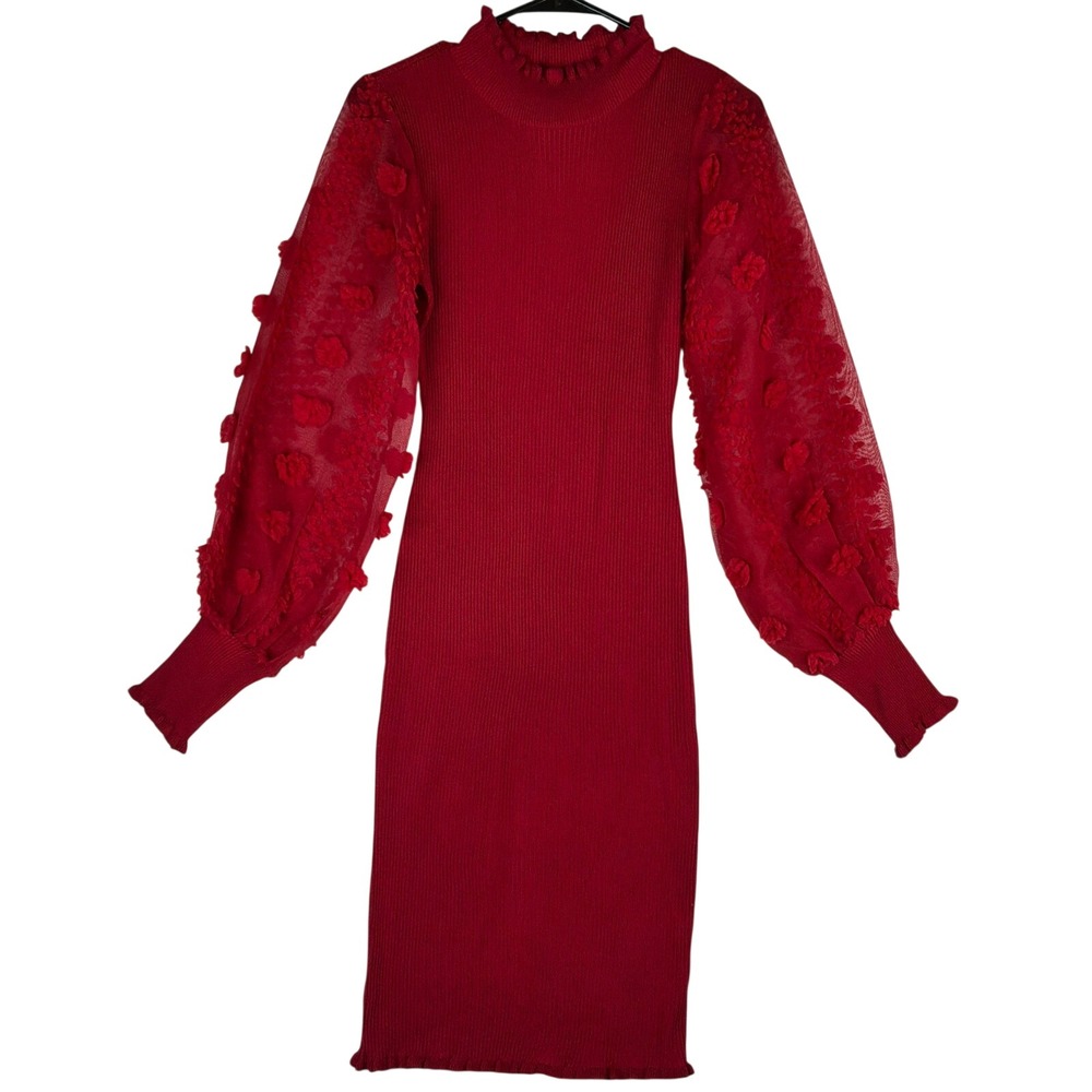 Almost Famous Red Ribbed Bodycon Puff Sleeve Sheer Floral Dress Size M